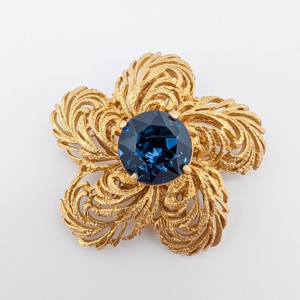 Vintage Mid Century BENEDIKT Gold Tone with Blue Faceted Glass Brooch Pin